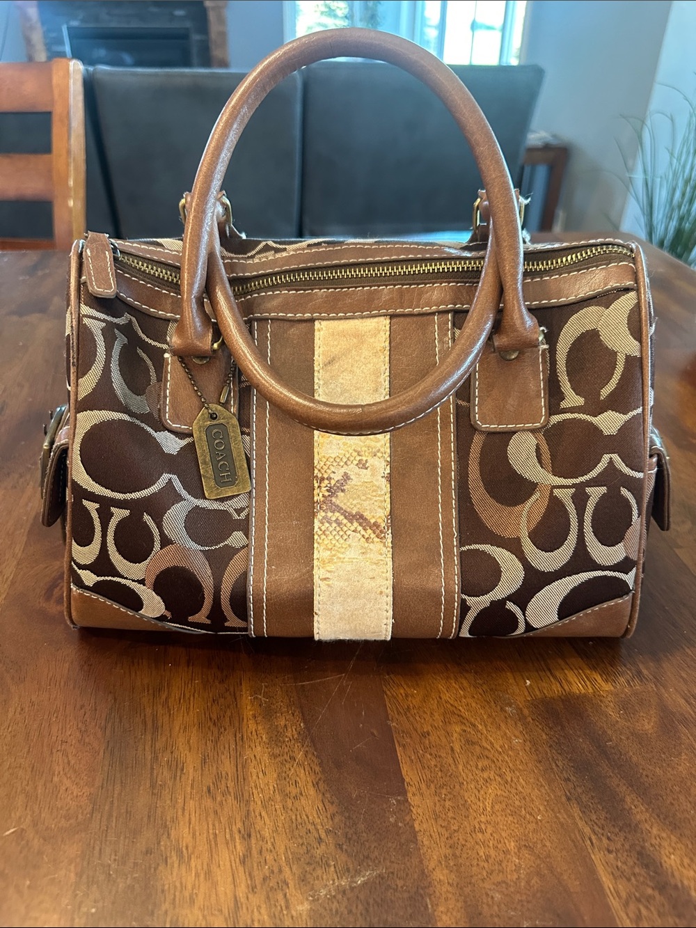 Y2K Vintage Coach Brown Signature Satchel with Cream Stripe